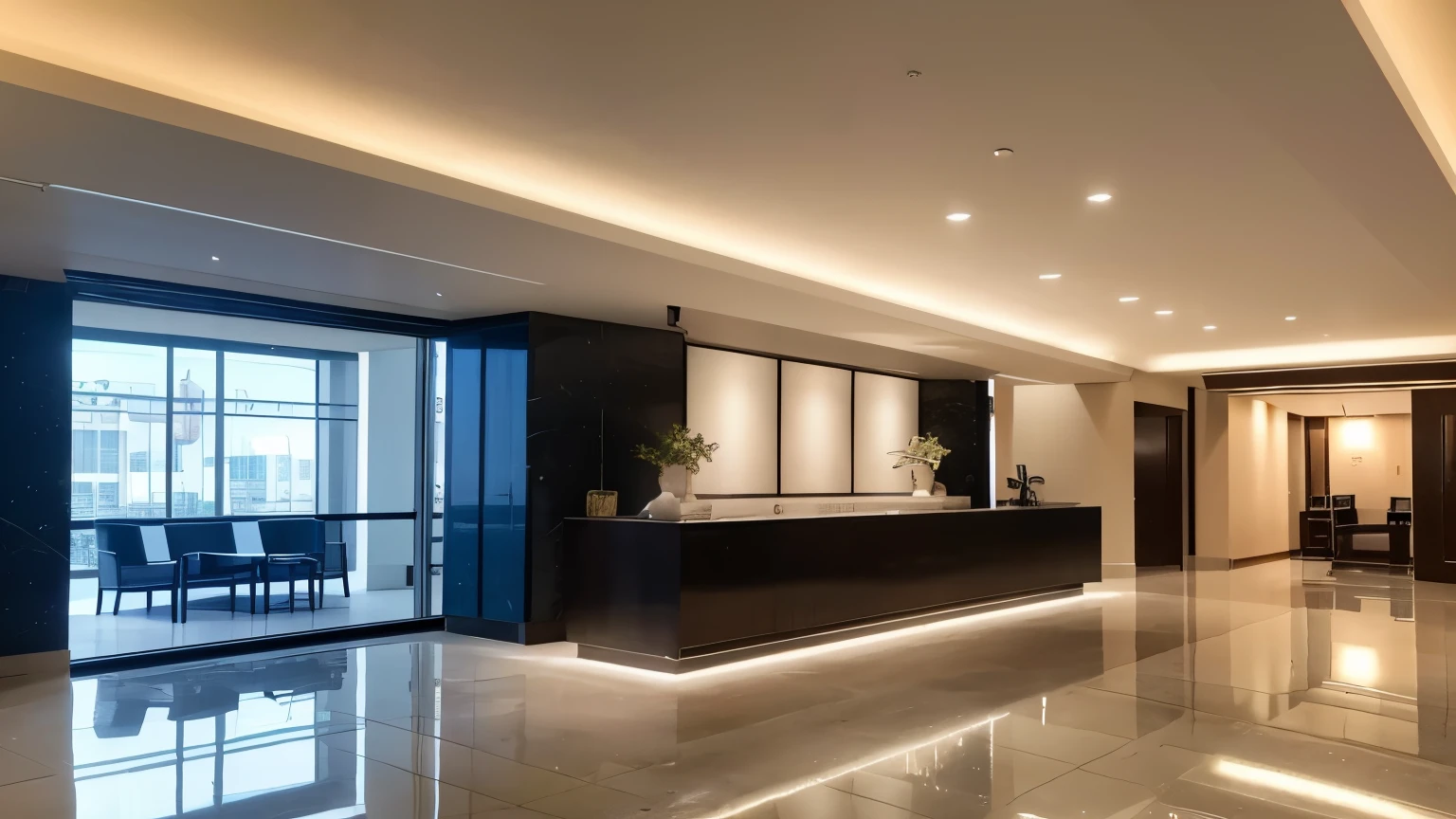 live-action, Real, 4K, 8k, indoor, Lobby of the condominium, There is no one at the concierge counter., The lobby is like that of a resort hotel., The lobby has a concrete floor and ceiling with white lighting., Entrance, Inside the building, The lighting is generally white, modern