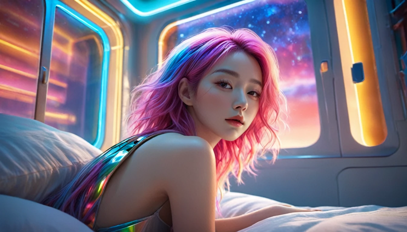 (Highest quality,8k,Very detailed:1.2),(CG,CG Art,3D Rendering),(masterpiece:1.2),(Sexy Outfits),(Cinema Lighting,Futuristic),(Woman lying in bed,Sleep,close your eyes),(The big window behind her,quiet night),(Colorful Hair:1.5)