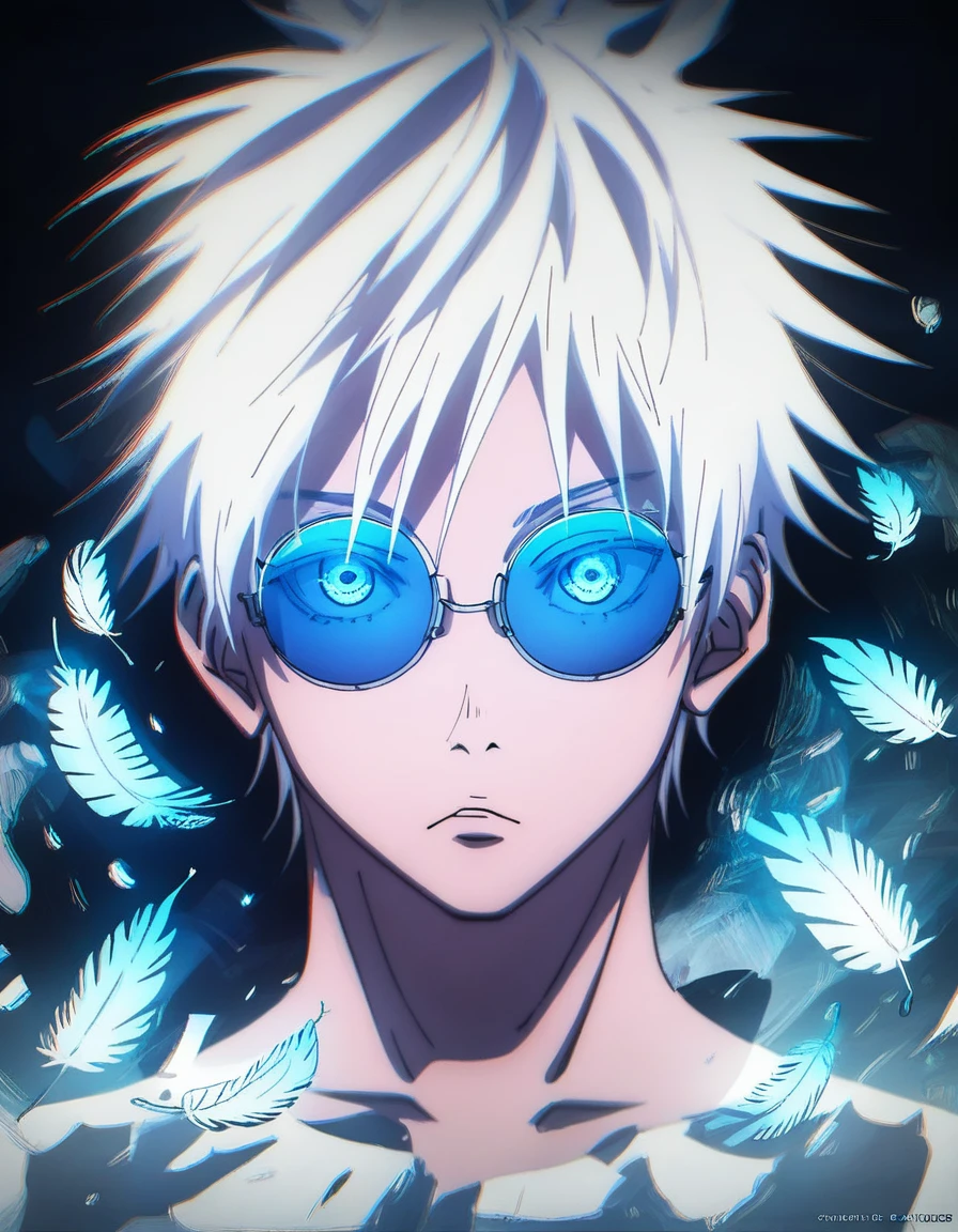 (score_9, score_8_up, score_7_up), zPDXL, 1 boy, alone, looking at viewer, simple warm colored background, neon blue eyes, background, short hair, white hair, broken glasses, lenses, neon blue feathers falling, serious look, determination, dark aura, front view, masterpiece, best quality, hyper detailed, cinematic light, intricate detail, high resolution, official art, detailed glow, blue light feathers, portrait, the pupil of the eyes with detailed structures, dark atmosphere, neon blue feathers, diffraction spike, vibrant colors, concept artist, electronic links, falling feather