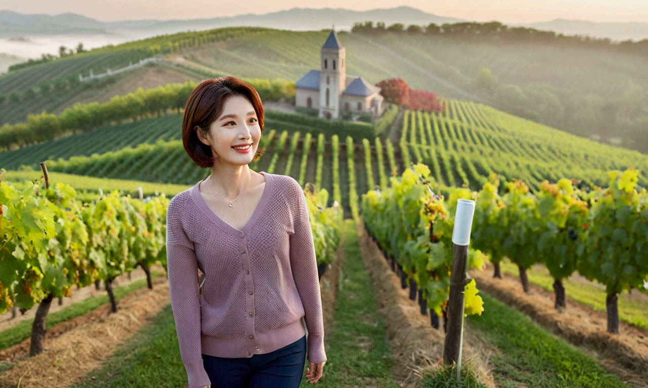 Italy foggy countryside dawn, Endless vineyards, A cathedral can be seen far away in the fog.. Korean woman in her 40s, Wearing a luxury brand slightly thick knit, casual pants, Korean woman with short and medium hair, hair is beautiful. Standing on a path on top of a vineyard hill, Beautiful Korean woman with bright and clear skin, the neck is long and beautiful. Inspired by Yoo Ji-in. Beautiful Korean woman smiling, standing in the vineyard,1 woman, Your eyes are big and pretty, standing on a hill in a vineyard, 1 woman, Clear picture quality, Fair skin and no wrinkles on the neck, The eyes are clear and big, Hair texture is clean and shiny, eyes are big, three dimensional grape leaves, Put your hands in your pockets