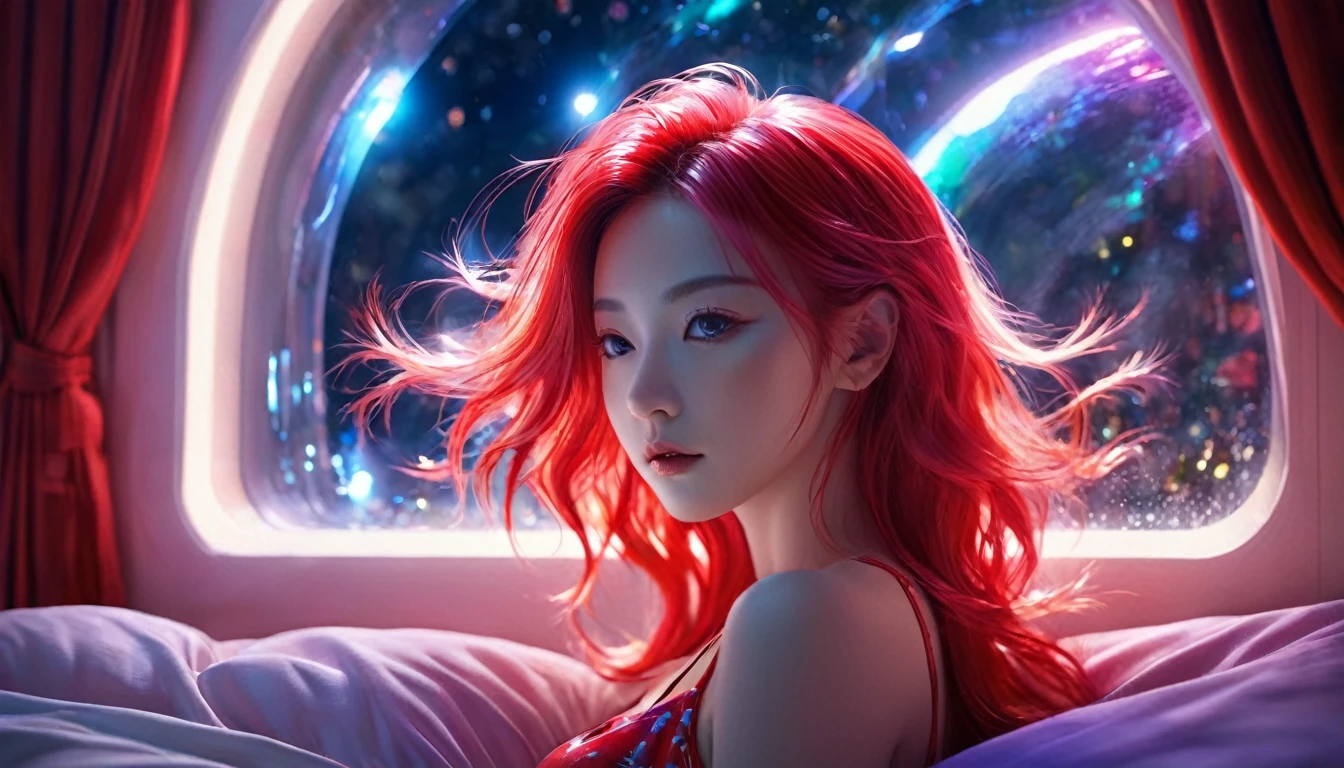 (Highest quality,8k,Very detailed:1.2),(CG,CG Art,3D Rendering),(masterpiece:1.2),（Red pajamas lighting,Futuristic),(Woman lying in bed,Sleep,close your eyes),(The big window behind her,quiet night),(Colorful Hair:1.5)