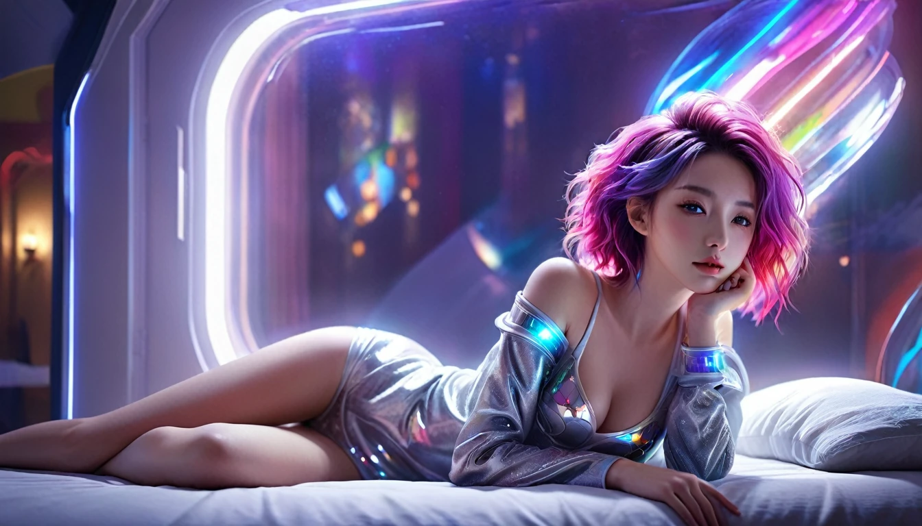 (Highest quality,8k,Very detailed:1.2),(CG,CG Art,3D Rendering),(masterpiece:1.2),(Crawling on the table),(Sexy Outfits),(Cinema Lighting,Futuristic),(Woman lying in bed,Sleep,close your eyes),(The big window behind her,quiet night),(Colorful Hair:1.5)