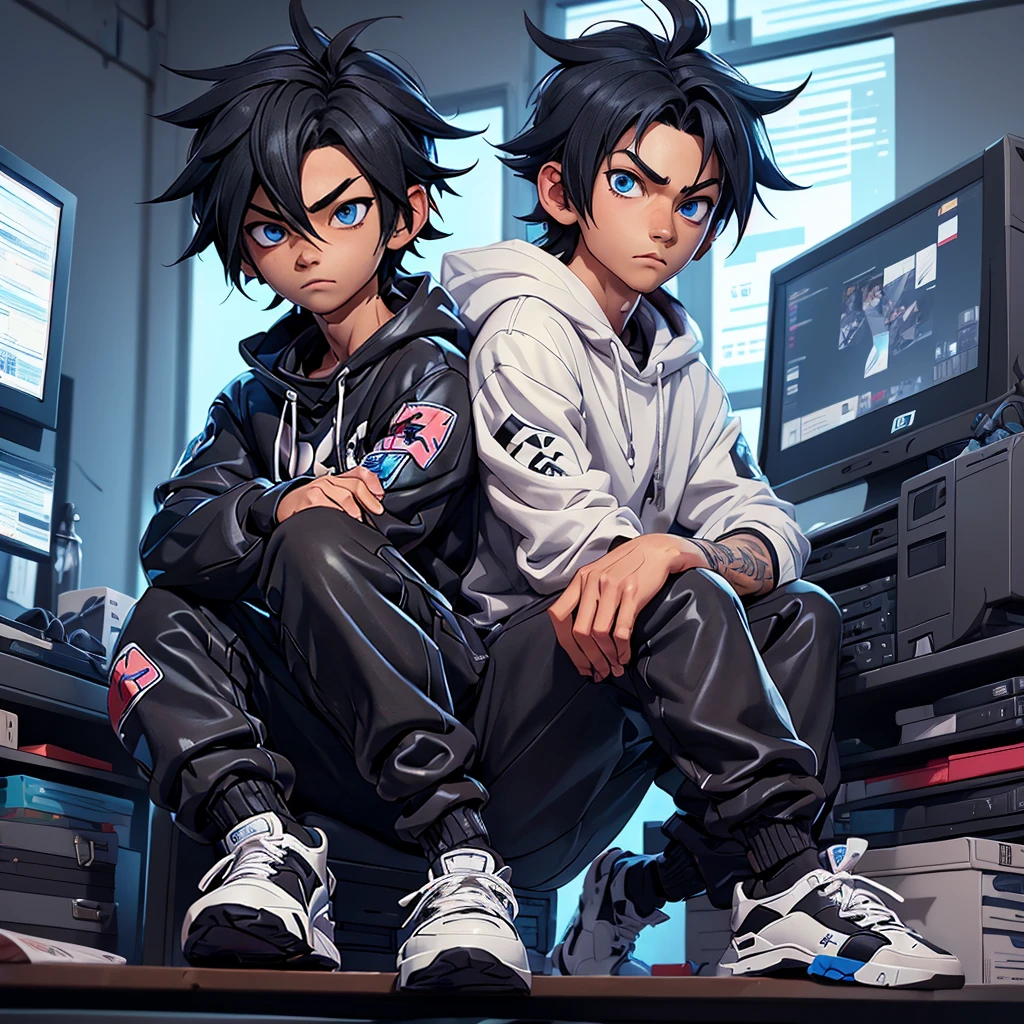 boy with black sasuke uchiha style short hair and blue eyes, sitting in front of a computer studying, with streetwear clothes, anime version, 3d
