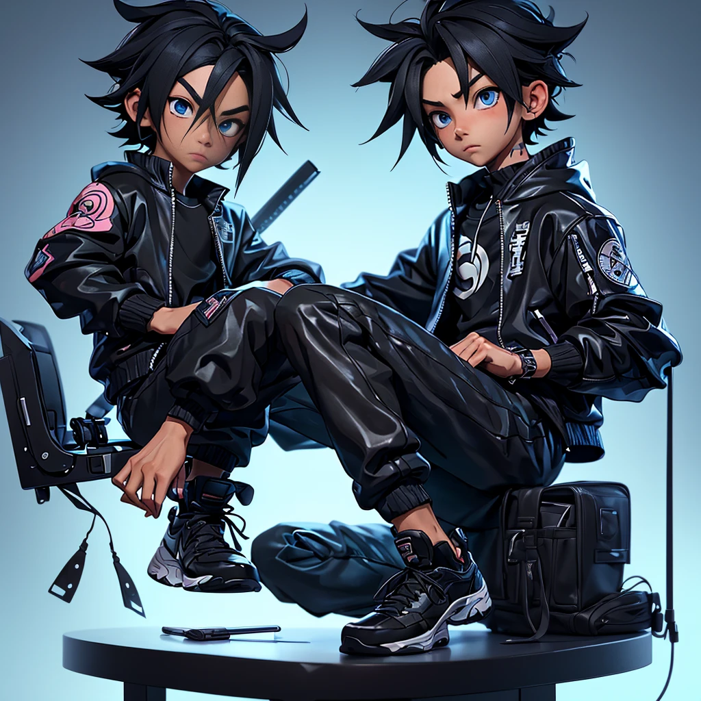 boy with black sasuke uchiha style short hair and blue eyes, sitting in front of a computer studying, with streetwear clothes, anime version, 3d
