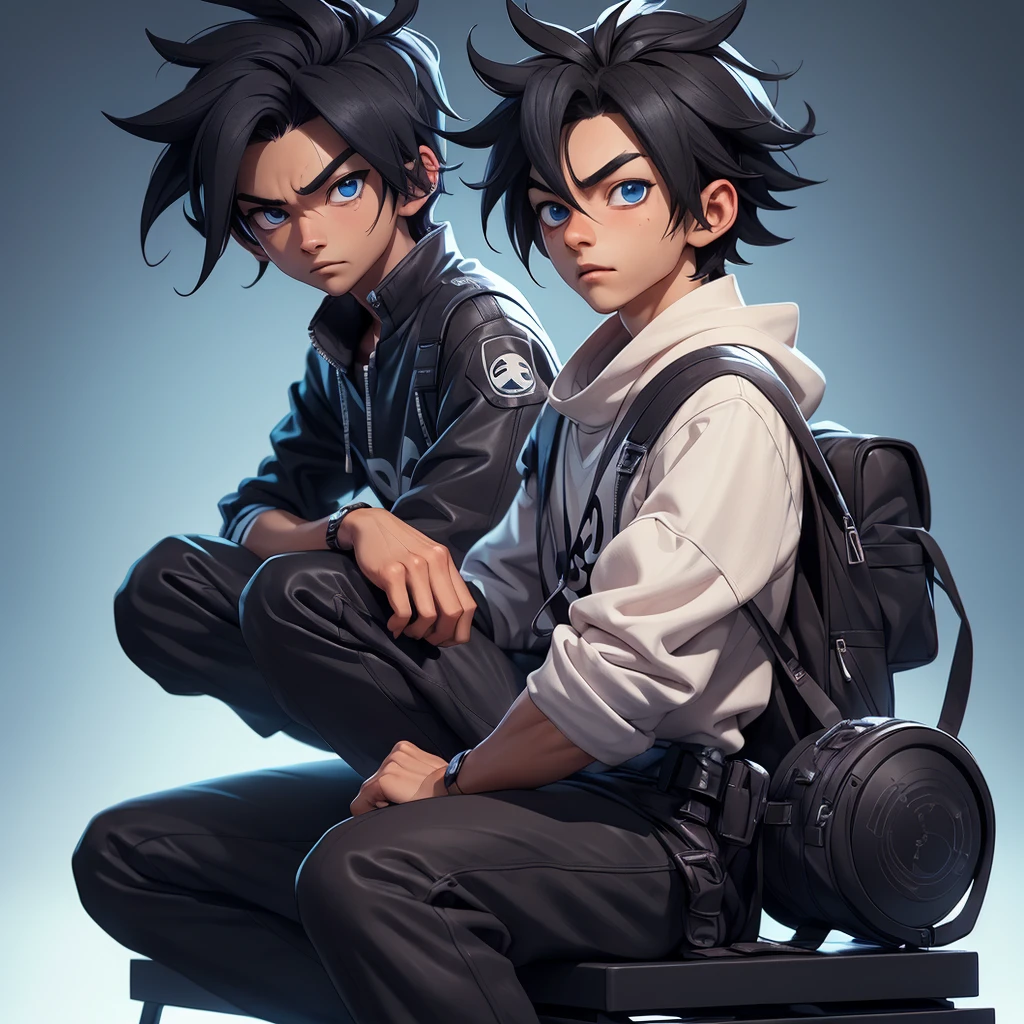 boy with black sasuke uchiha style short hair and blue eyes, sitting in front of a computer studying, with streetwear clothes, anime version, 3d