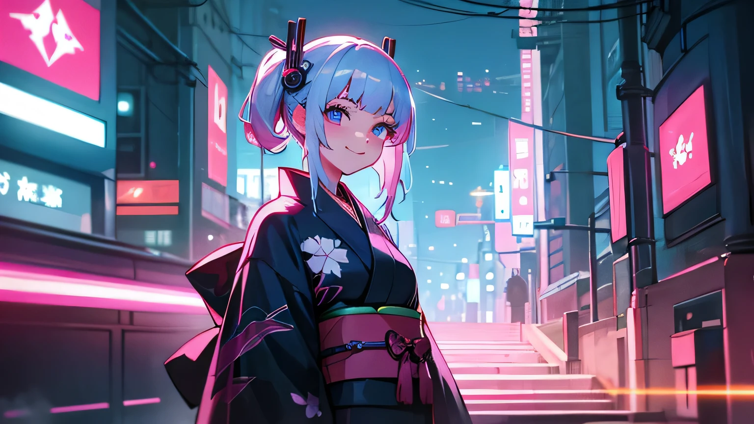 kimono, smile, girl, cyber city, neon