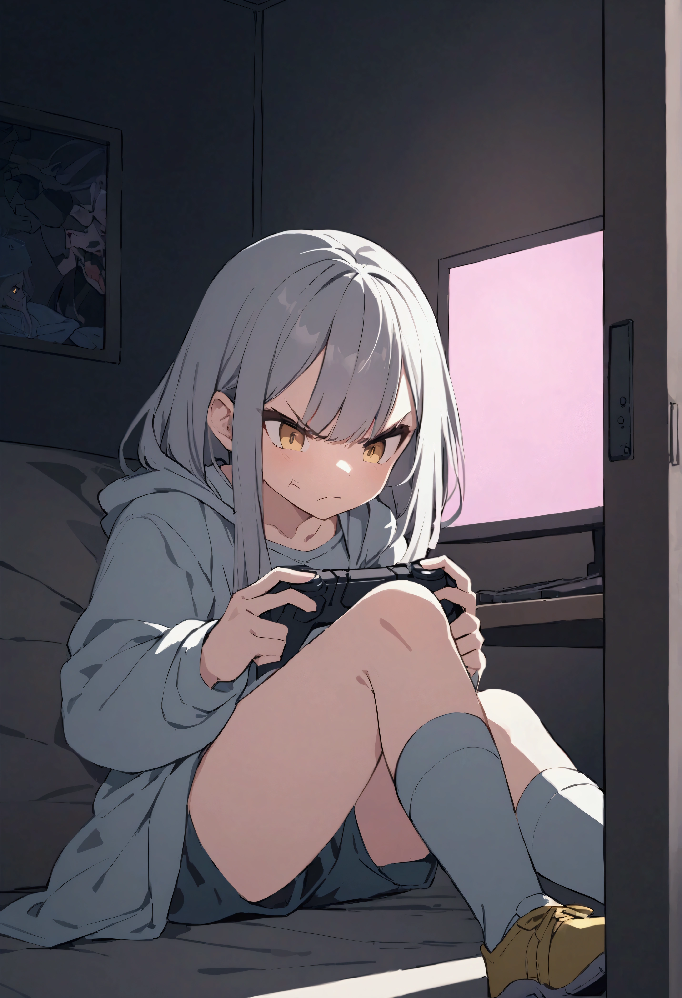 Dark Room,Girl playing games,angry