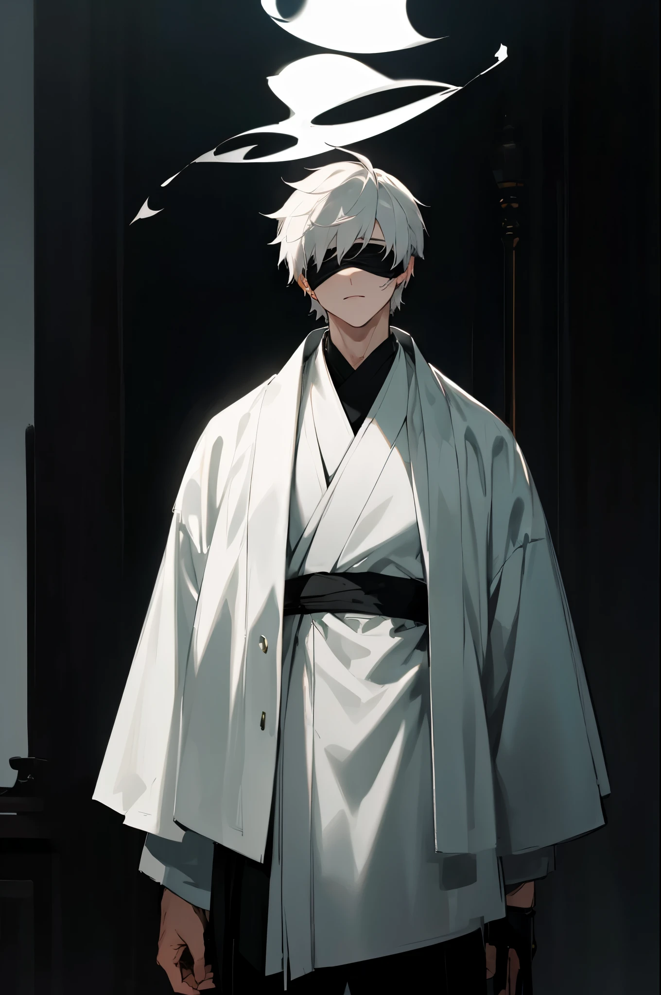 1male, short white hair, white blindfold, open white yukata, black pants, foggy misty background