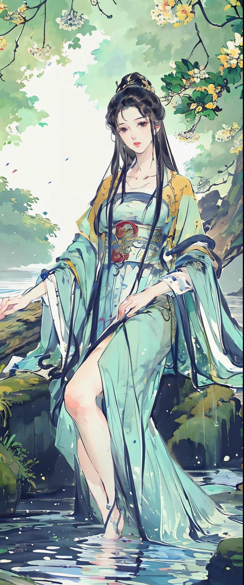 ((masterpiece, highest quality, Highest image quality, High resolution, photorealistic, Raw photo, 8K)), Wu Guanzhong styl, A young woman is bathing in the river, beautiful portrait, casual pose, thighs visible, In Dynamic Pose, legs spread apart, 