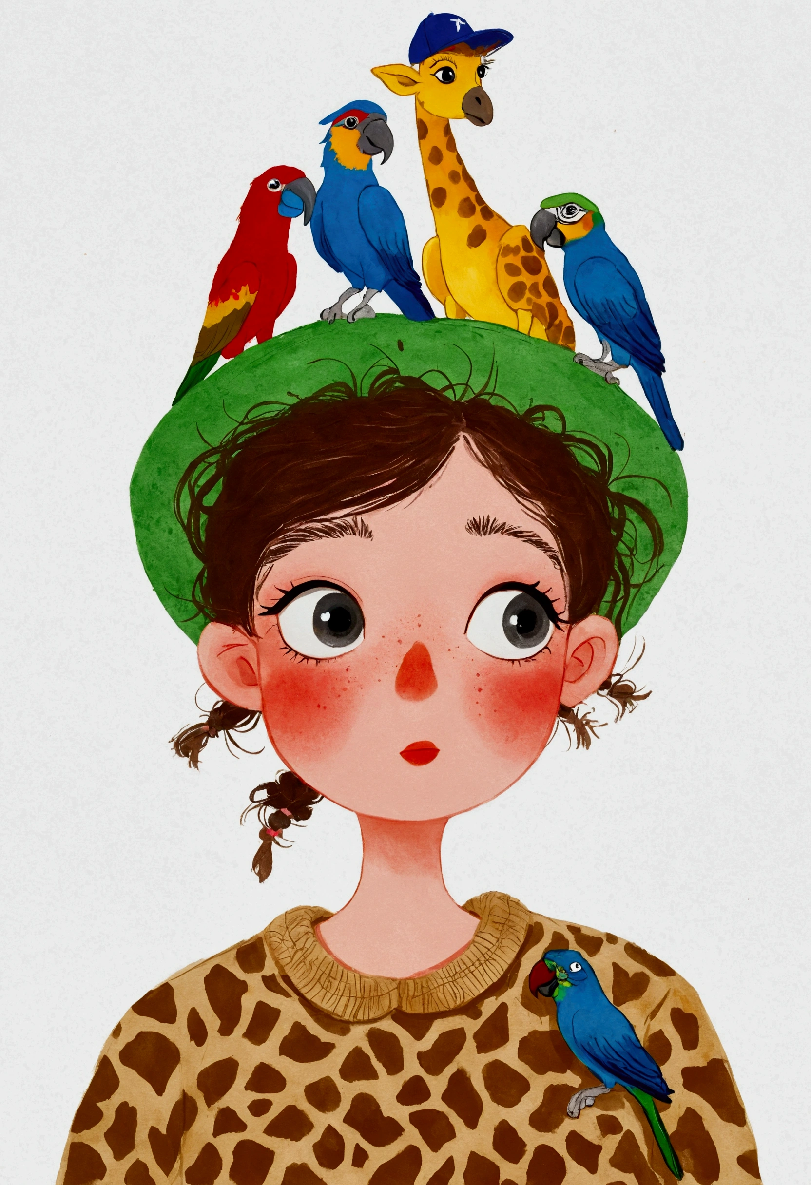 Painting,The painting shows a woman with a giraffe on her head,There is also a parrot on top, Parrot on the head, There's a bird on her head, Wearing a rap hat, 2020 fashion, Wear a baseball cap backwards, animal hat, Wearing a broken hat, Wear a baseball cap backwards, Wearing a strange hat, Bird poop on head, Bird Head, Funny hat