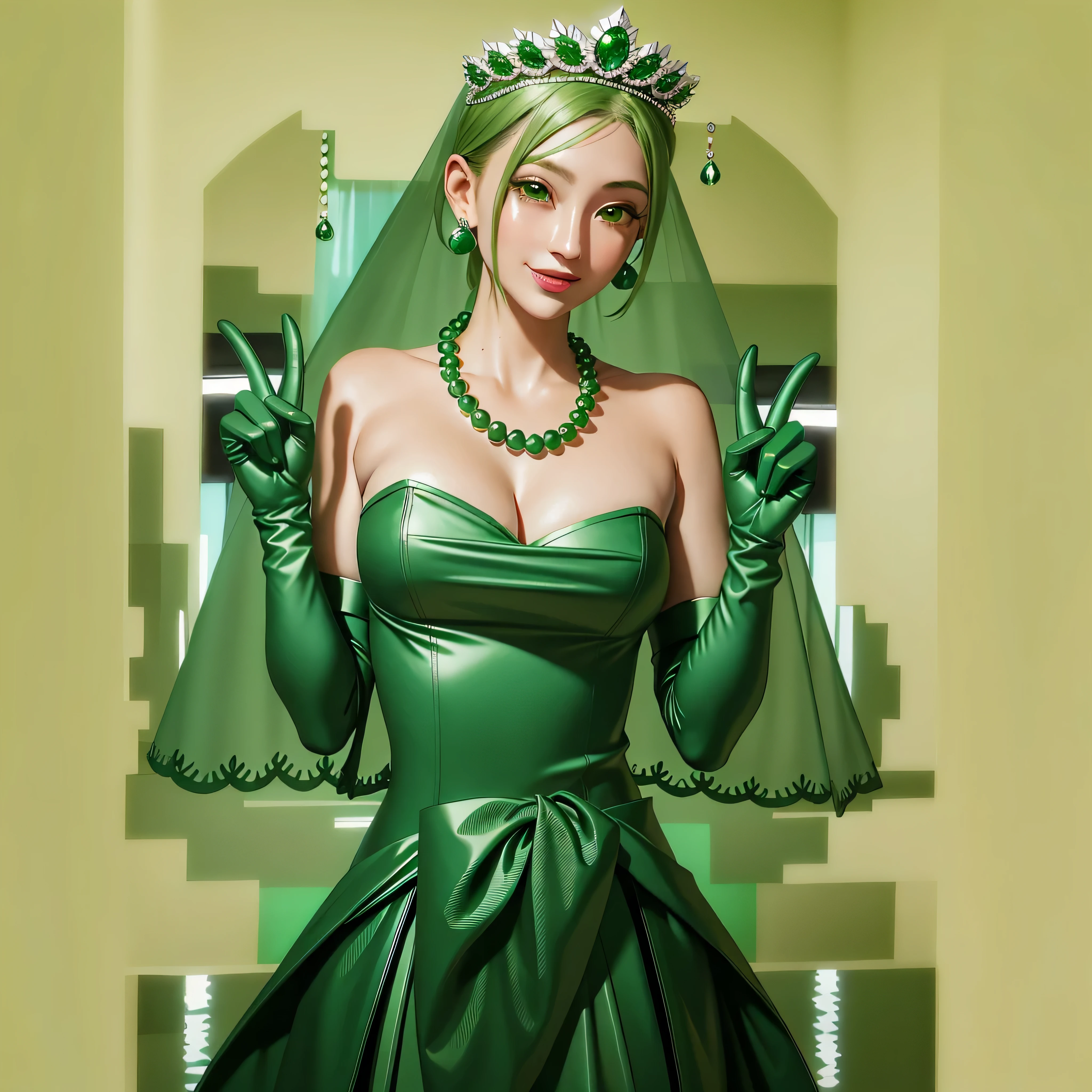 Emerald tiara, Green Pearl Necklace, Boyish very short green hair, Green Lips, Smiling Japanese woman, Very short hair, Busty beautiful lady, Green Eyes, Green satin long gloves, Green Eyes, Emerald Earrings, Green veil, all, Green Hair, Beautiful Japanese Woman, green lip gloss