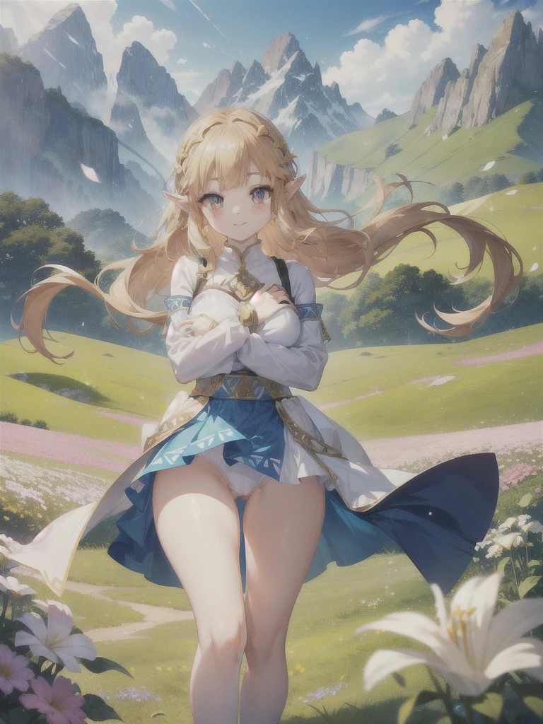 ((masterpiece)), ((best quality)), ((anime)) girl, ((princess character)
 Zelda)), ((beautiful body)), pale skin, ((eyes)), eyebrow, ((ear)), happy, smile, hair, ((hair highlights effect)), ((outfit)), (arms), thin waist, ((thick legs)), ((big thigh)), standing, ((background scenery)), ((old world)), ((seeing)), ((hair swinging )), ((field of flowers)), ((mountain)), ((leaves flying)), ((beautiful day)), pov, ((viewer view)), ((want to hug)), (( ruddy)), lustful, ชุดรัดรูป, กางเกงในสีขาว, camel toe,