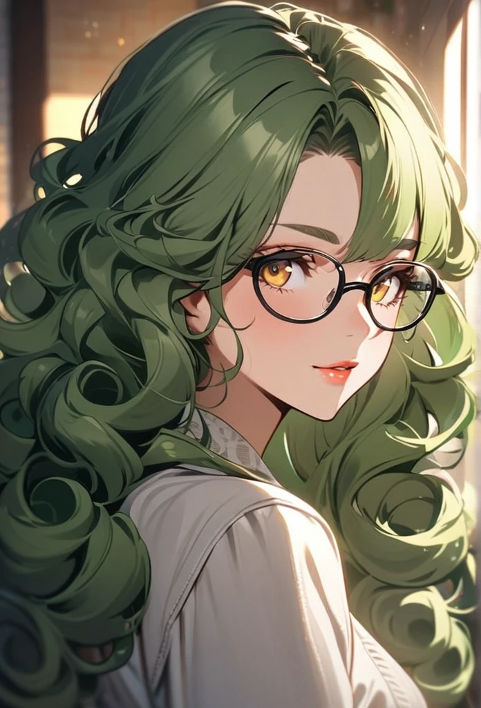 Girl, curly hair, yellow eyes, cute, beautiful, long hair, green hair, high detail, Solo,  curly hair, glasses, mature, top-ranking general