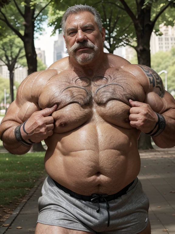 Hyperrealistic image of a very old and very sweaty superhero, gray-haired bodybuilder over 80 years old, very muscular and fat, more than 200 kilos with a naked torso. big flabby pecs huge brown nipples and big gray mustaches with huge tattooed arms running through central park in new york wearing a lycra shorts  