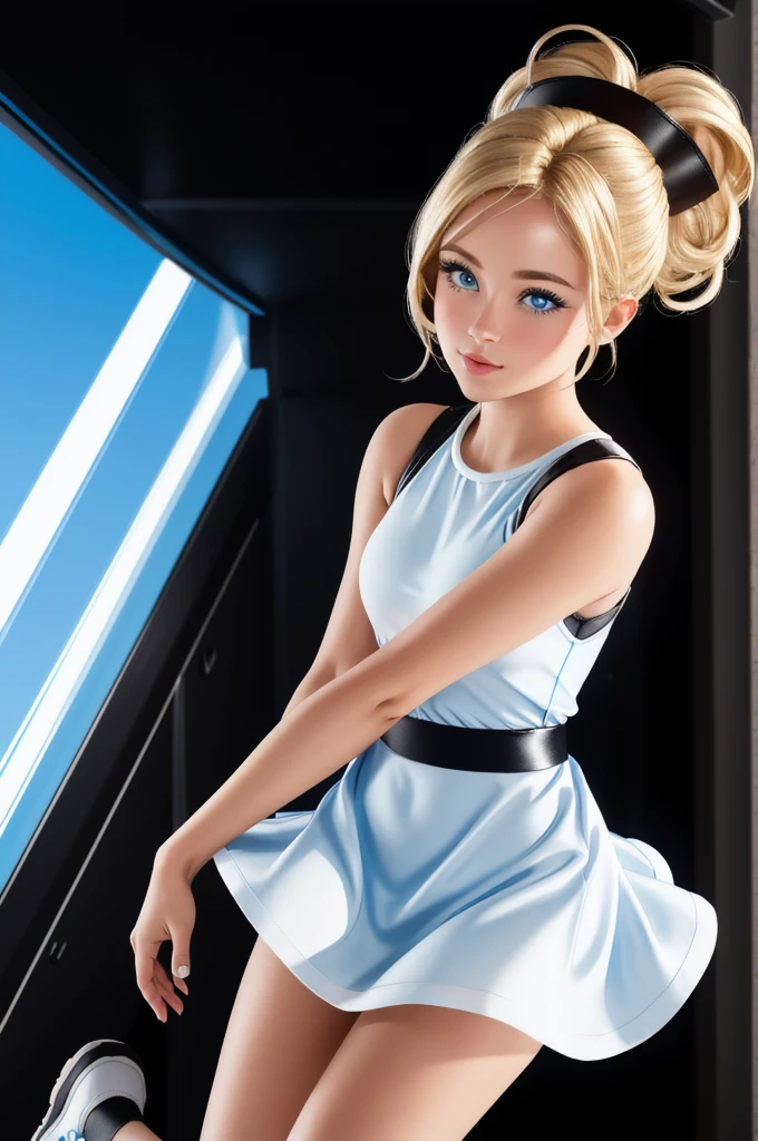 Professional bubble photo, short blonde hair tied up and forming a ponytail, blue eyes, two short tails, Collections, dress, sky-blue sleeveless dress, black tape, white thighs, black shoes,
detailed skin, detailed eyes, finely detailed hair, volumetric light, height, masterpiece, Best Quality,
