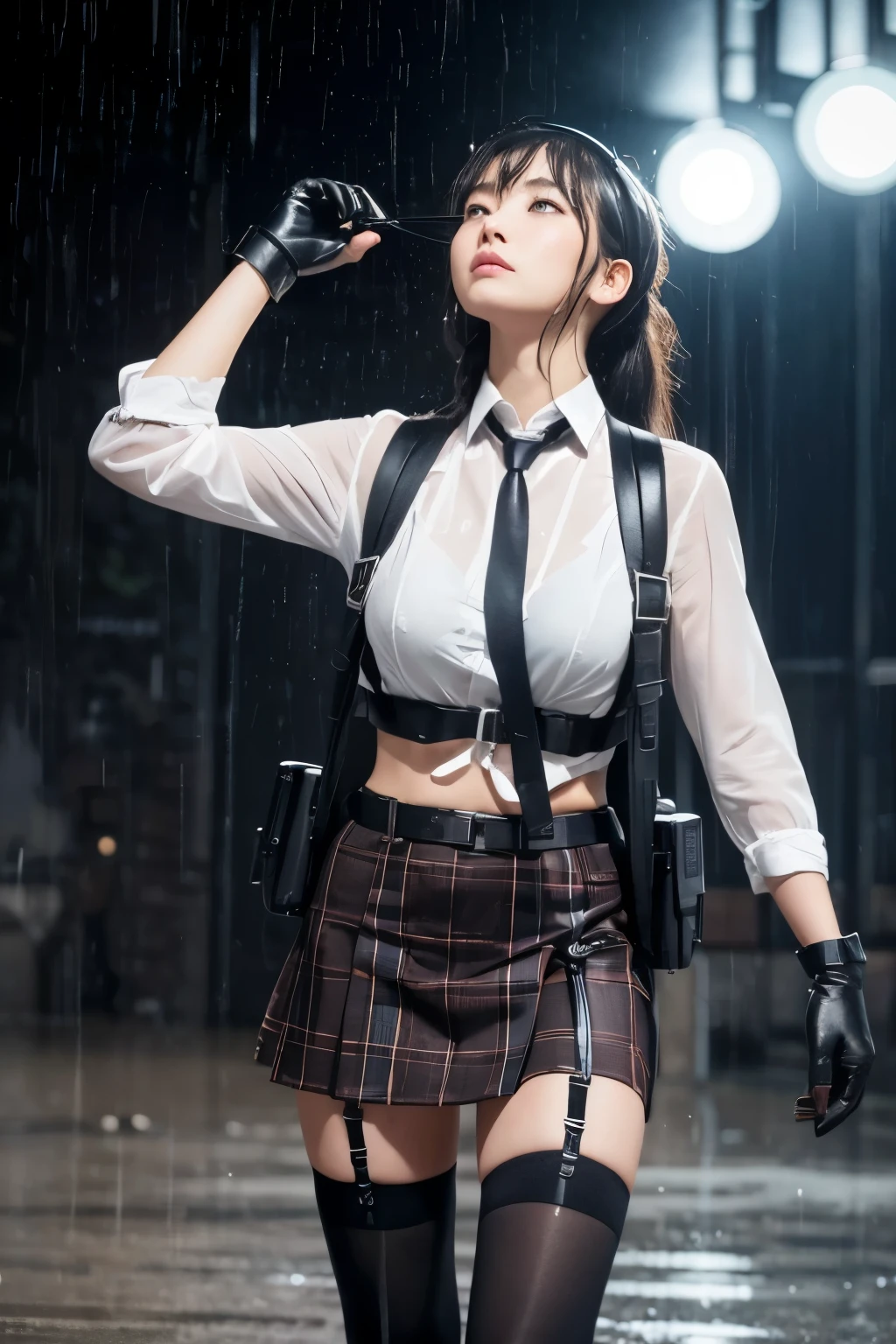 1 female, , high quality, masterpiece, Ultra-high resolution, , Cinema Lighting, , , 1 female, , high quality, masterpiece, Ultra-high resolution, , Cinema Lighting, , , And the suspenders with the cranes flying　　　Moderate breasts　 　 　　　　Large Breasts　 　 　　　　Small face　 　　　holster　　　　　　　 Lying in bed　Looking up　　　　Sweat 　　　belt　summer　脇Sweat 　Black Hole Gloves　suit　　　　 　garterbelt　Leg Links　ズボンにbelt　　holster　 　　Hands behind your back　 Anxious expression　Looking up　Anxious face　Knee-high　Knee socks　Knee-highソックス garterbelt　garter　ふとももにgarterbelt　Checkered mini skirt　Necktie Headband　ribbon　Panty shot　スカートの隙間 Armament　Handgun　handcuffs　Cable ties　レッグholster　holster 　　Hands behind your back　 Anxious expression　Looking up　Anxious face 足を横に開く　Armament　　Cable ties　レッグholster　holster　See-through clothing　heavy rain　Getting wet in the rain