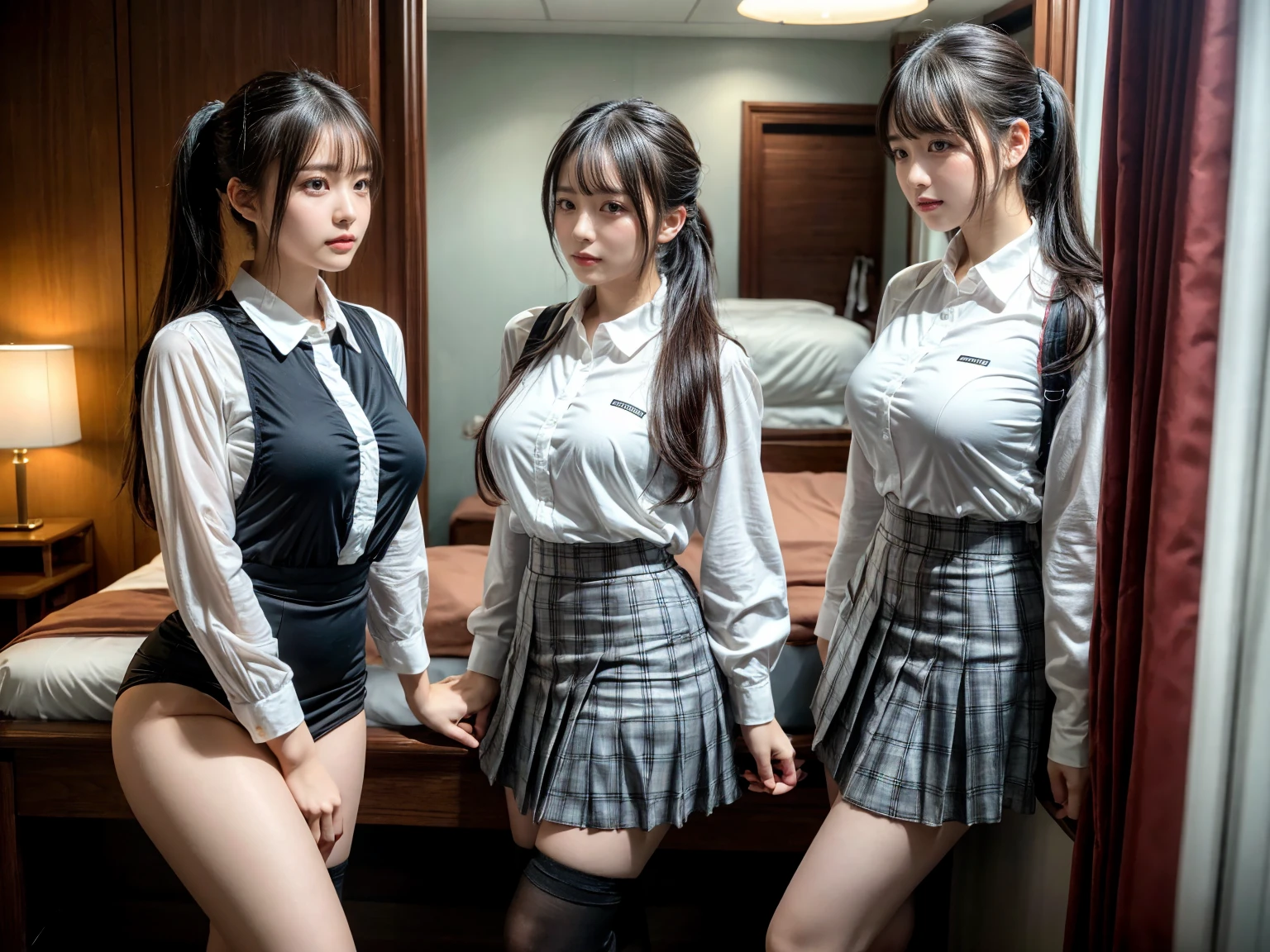 (8K, RAW Photos, Highest quality, masterpiece:1.2), (professional photography, full colors, studio-caliber color grading), (Gravure quality for high-end fashion magazines), (2 girls), BREAK,18 year old girl, (fluffy ponytail:1.2), Big Natural Color Lip, Plumpy body, (smooth skin:1.1), huge breasts, BREAK, (collared shirt:1.1), pleated skirt, knee high socks, BREAK, hotel room, cute , lolita