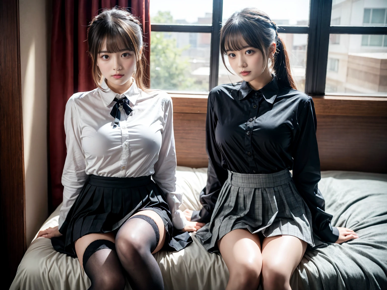(8K, RAW Photos, Highest quality, masterpiece:1.2), (professional photography, full colors, studio-caliber color grading), (Gravure quality for high-end fashion magazines), (2 girls), BREAK,18 year old girl, (fluffy ponytail:1.2), Big Natural Color Lip, Plumpy body, (smooth skin:1.1), huge breasts,  BREAK, (collared shirt:1.1), pleated skirt, knee high socks, BREAK, hotel room, cute , lolita