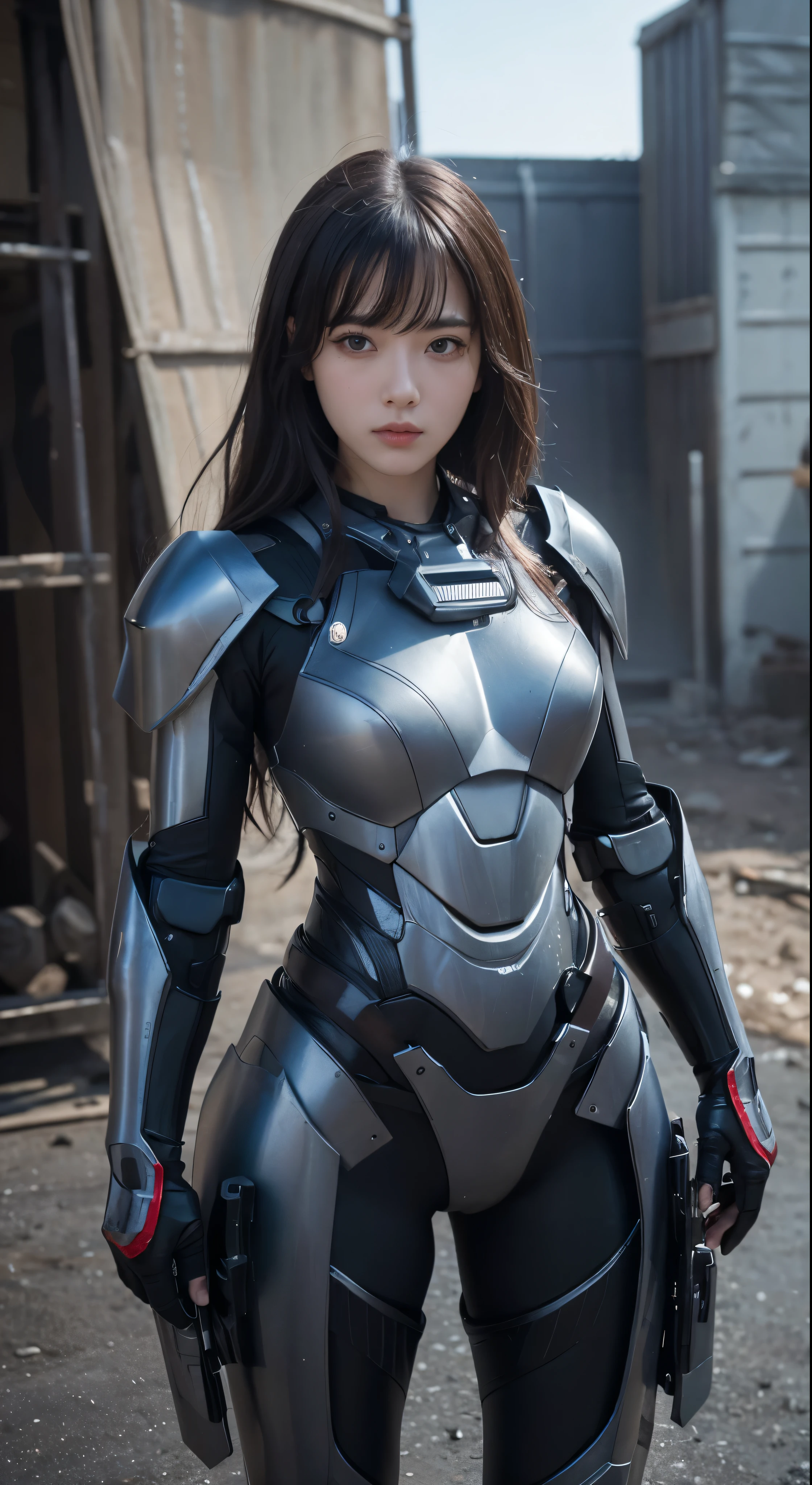 with high definition imageasterpiece、Highest quality、Ultra-realistic、Super detailed、8k resolution、RAW Photos、Sharp Focus、(1 Girl)、solo、Gorgeous face、perfect body、Mature Woman、Age 25、is armed、Mecha、Black Armor、Nanosuit、Disheveled Hair、Cinematic、Cinematicライト、Facial details