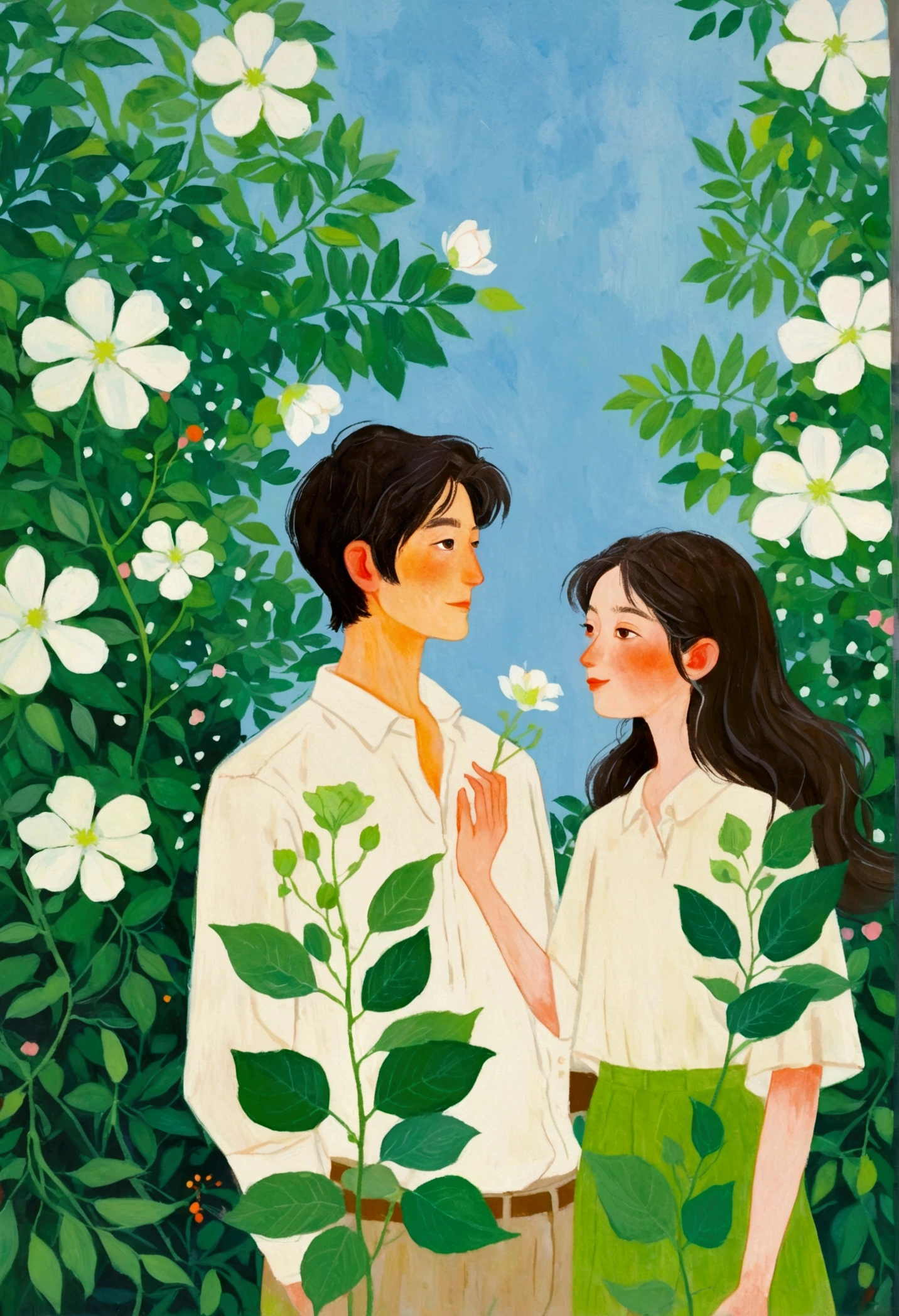 A painting，The painting shows a man wearing a white shirt and green leaves, Woman in flowers, Girl in the flowers, Inspired by Lois Dodd, Inspired by Eugene Glaser, Inspired by Emily Murray Patterson, inspired by Pascale Campion, Alex Katz (Alex Katz) of inspiration, Inspired by Hsiao-Ron Cheng, author：Tatsujima Yuko