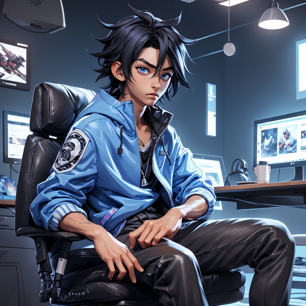 boy with short black sasuke uchiha hair and blue eyes, lying on a gaming chair in front of a computer, reading a book with streetwear clothes, anime version, 3d