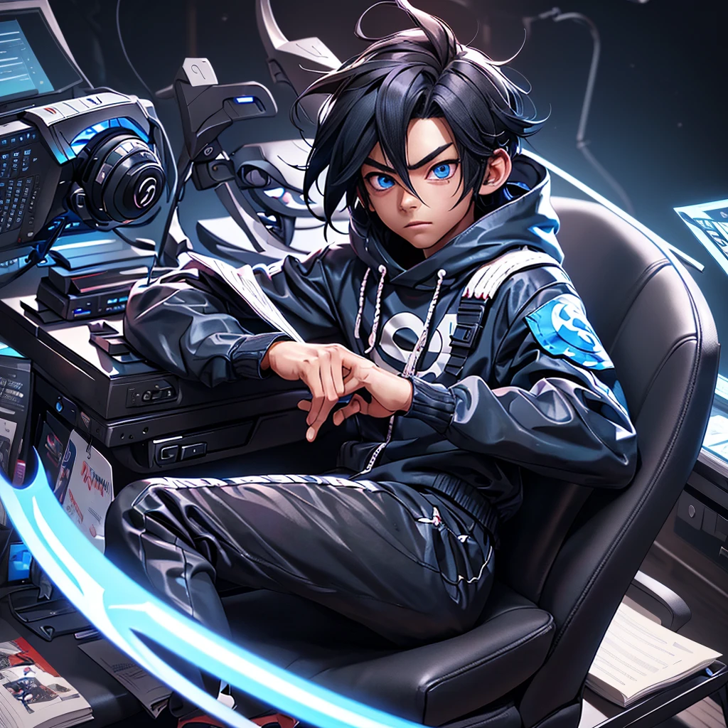 boy with short black sasuke uchiha hair and blue eyes, lying on a gaming chair in front of a computer, reading a book with streetwear clothes, anime version, 3d