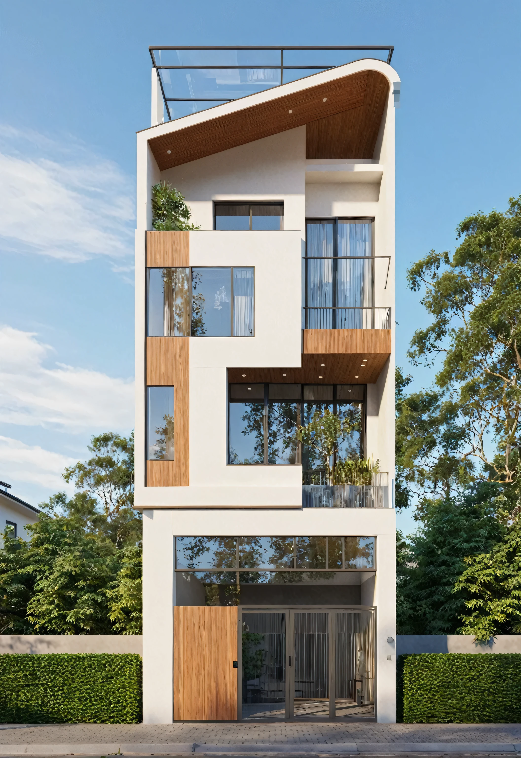 Raw photo,Masterpiece, high quality, best quality, authentic, super detail,
exterior, outdoors, house style modern on the street, glass windows, gate, wooden ceiling,
road,pavement, trees, sky, cloud, (daylight:1.1)