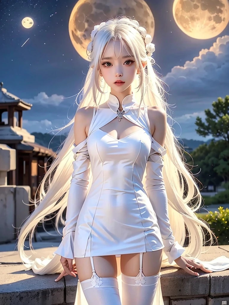 first-person view,long_hair,white_hair,red_eyes,white pantyhose,mecha girl,evening dress,, camel toe, ชุดรัดรูป , กางเกงในสีขาว,