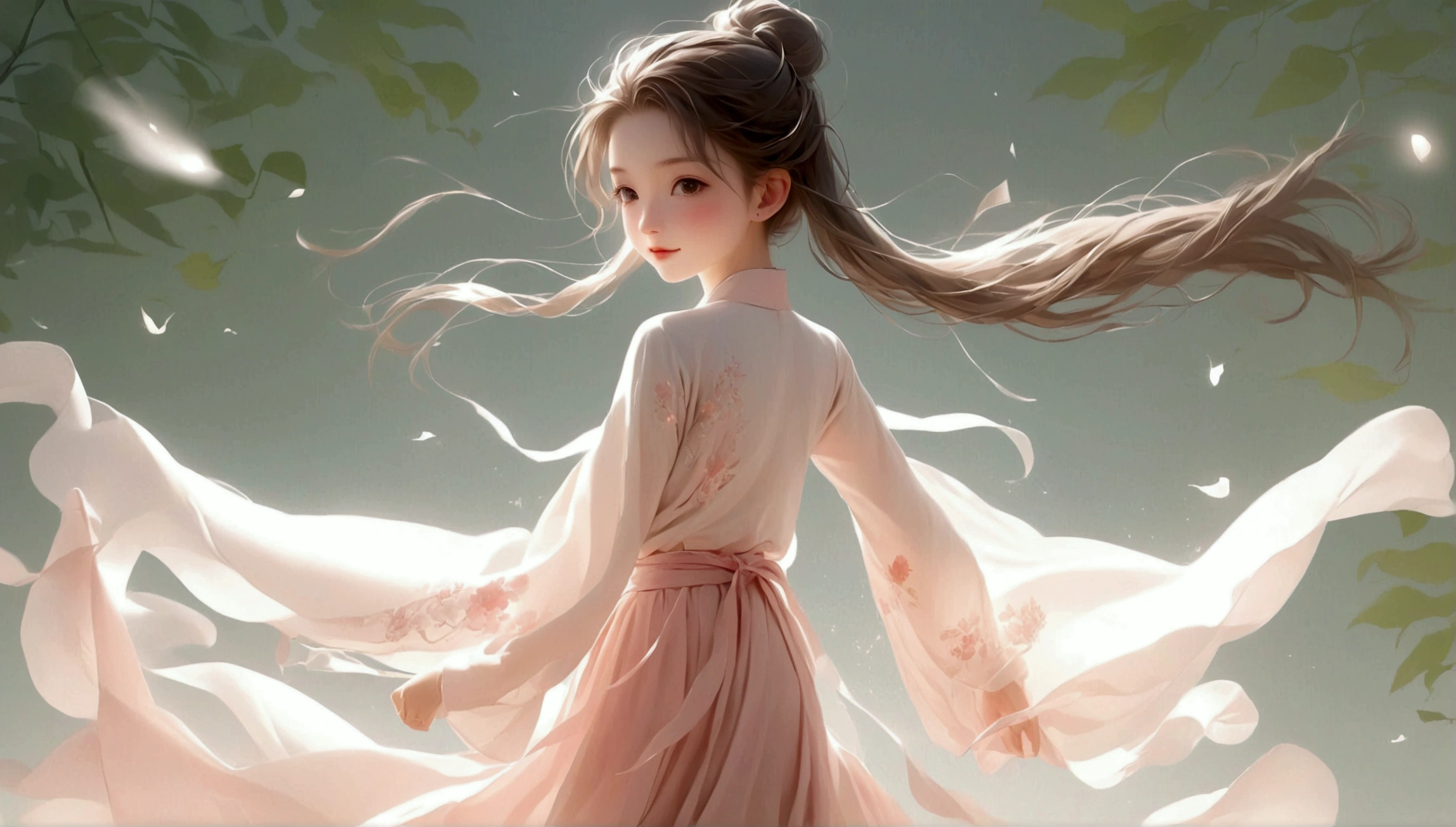 A little girl dancing；[Dark Eyes，confidence，High and cold，happy]；[Long skirt，Elegant，Long sleeve；Set，Light pink and white gradient，Traditional style，The skirt has no pattern，Long skirt下摆像花瓣，Connect with the background,White background；Full body panorama 1.5，Character front；Composition：The character is on the right side of the screen，Large area of white space；Long hair in the wind,Fashion, Dynamic photography, Dynamic photography；Influence of modernism, nature, , modern Art, Astonishing, blur background, Soft lighting，Character front光, happy emotion, Simple style；Minimalism。Panoramic photography；Shallow depth of field, Extraordinary details, masterpiece, high quality, 4K，cinematic lighting, motion blur, depth of field, sparkle, ray tracing, reflection light, anatomically correct, uhd, textured skin, best quality, super detail, highres, high details, accurate, high quality, award winning。
