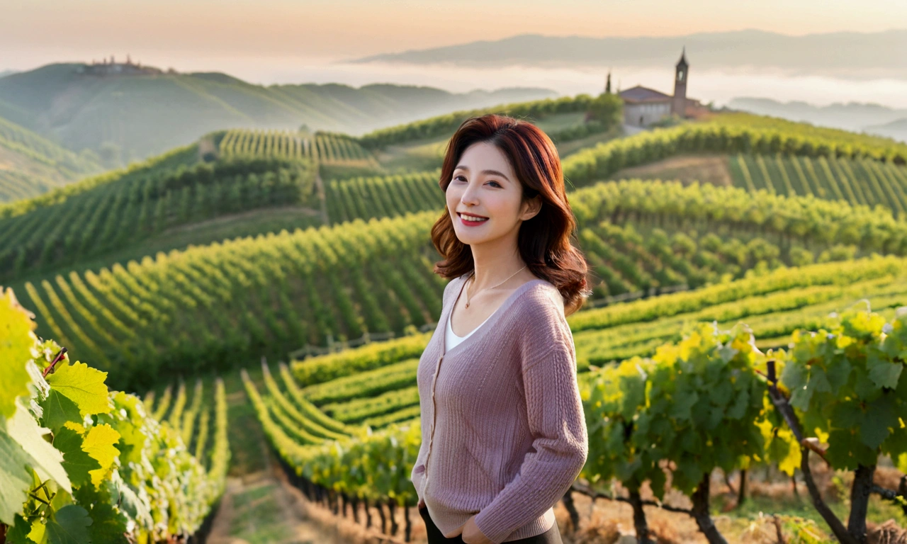 Italy foggy countryside dawn, Endless vineyards, A cathedral can be seen far away in the fog.. Korean woman in her 40s, Wearing a luxury brand slightly thick knit, casual pants, Korean woman with short and medium hair, hair is beautiful. Standing on a path on top of a vineyard hill, Beautiful Korean woman with bright and clear skin, the neck is long and beautiful. Inspired by Yoo Ji-in. Beautiful Korean woman smiling, standing in the vineyard,1 woman, Your eyes are big and pretty, standing on a hill in a vineyard, 1 woman, Clear picture quality, Fair skin and no wrinkles on the neck, The eyes are clear and big, Hair texture is clean and shiny, eyes are big, three dimensional grape leaves, Put your hands in your pockets