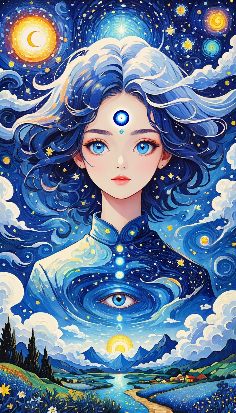 Psychedelic Art。plant、Marine Life、(((Charming eyes，The Third Eye)))、cloud、Starry Sky，Galaxy、Planet、Stitching together an abstract painting，Describing the inner world of autistic people，Sense of space，Blank，White space，Pointillism method，Childish lines，Klein Blue，assimilate into(van gogh)Art style