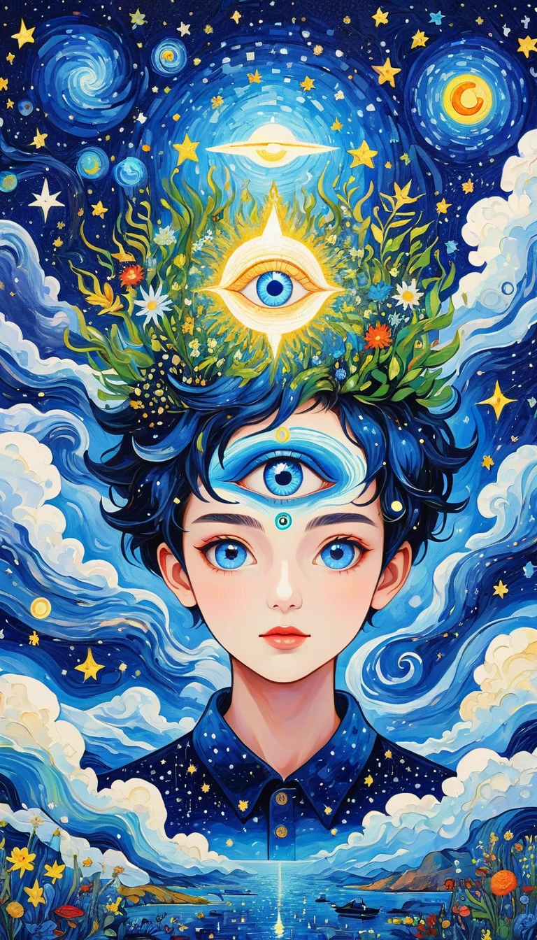 Psychedelic Art。plant、Marine Life、(((Charming eyes,The Third Eye)))、cloud、Starry Sky,Galaxy、Planet、Stitching together an abstract painting,Describing the inner world of autistic people,Sense of space,Blank,White space,Pointillism method,Childish lines,Klein Blue,assimilate into(van gogh)Art style