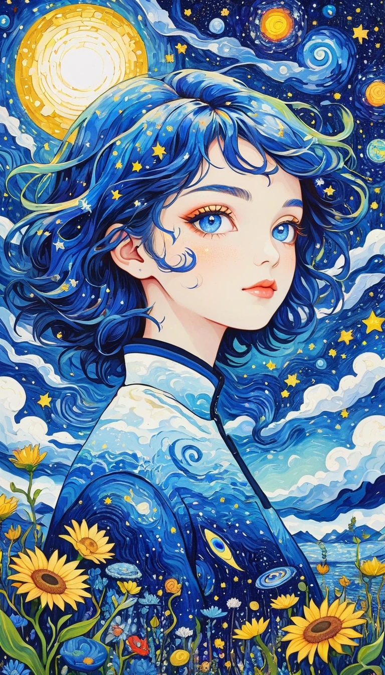 Psychedelic Art。plant、Marine Life、(((Charming eyes，The Third Eye)))、cloud、Starry Sky，Galaxy、Planet、Stitching together an abstract painting，Describing the inner world of autistic people，Sense of space，Blank，White space，Pointillism method，Childish lines，Klein Blue，assimilate into(van gogh)Art style