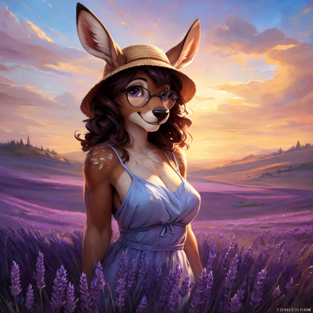 uploaded on e621, artstation, by Pixelsketcher, by Bayard Wu, by Thomas Benjamin Kennington , by Einshelm, by hioshiru and kenket, Chunie, portrait, solo anthro female deer doe, with small featureless breasts, clear dark blue, cinematic lighting, day, sunny day, lavender field, stays in a lavender field, lavender field background, mediterranean background, horizon background, shiny, short curly dark brown hair, wears big black nerd glasses, very very beautiful furry art, furry art, smiling, joyful, shiny, happy, feminine, cute face, muzzle, fluffy chest, flawless face, Fallow deer, 1girl, Sakimichan is beautiful, Masterpiece, Wavethesallow Face, shiny, Detailed image, portrait, Detailed image, full body, wearing pure white and wide spaghetti straps dress, wearing big and wide beige summer straw hat, shiny, realistic face, perfect anatomy, hourglass body, (furry body:1.1), anthropomorphic deer, looks at the viewer, small fluffy tail, detailed background, (cute anatomy:1.1), walks in a lavender field
