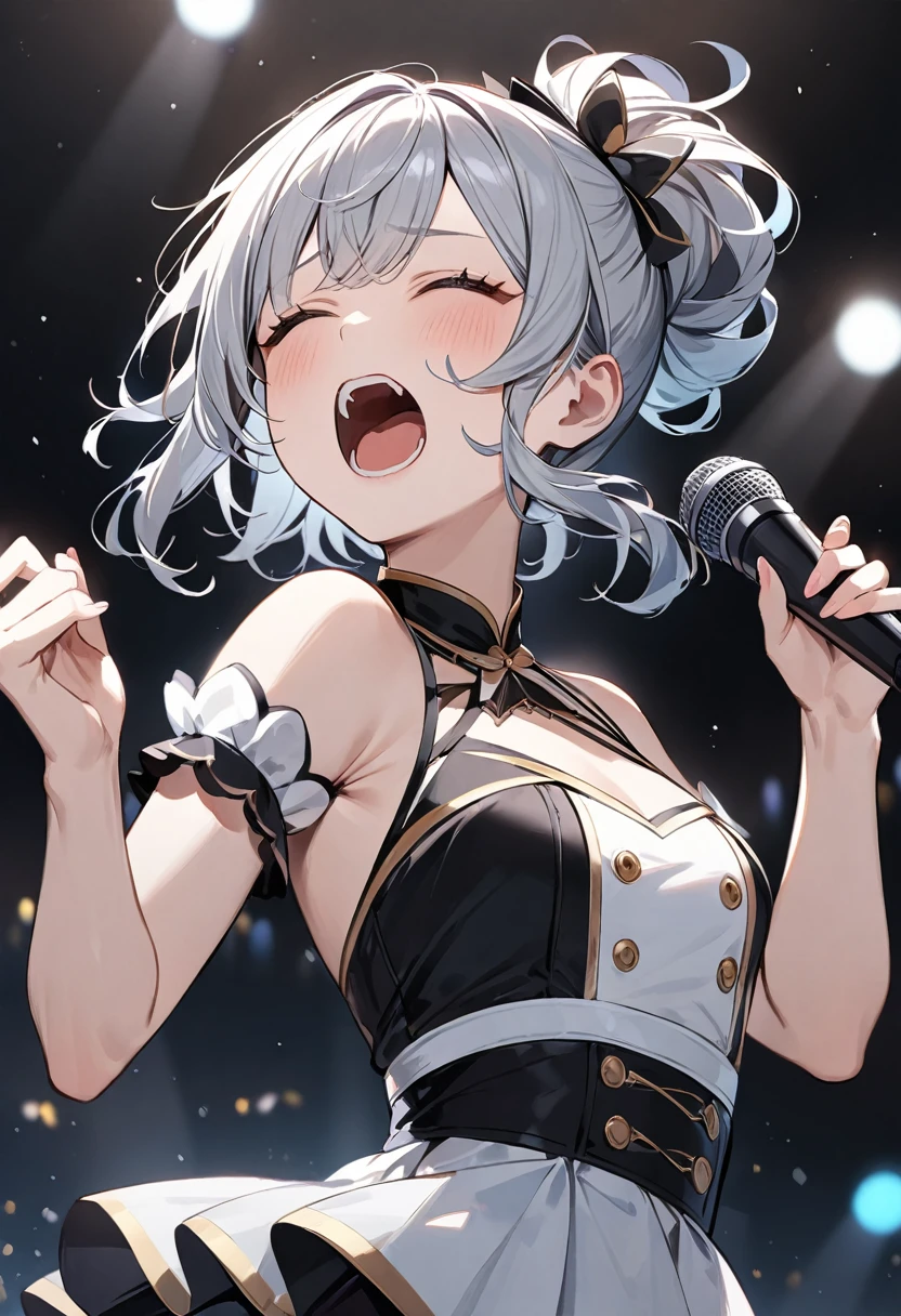 (masterpiece, top quality, very aesthetic, 4k、illustration), intricate detail, 1woman,、solo,contrapposto 、,(upper body)、(Scream),Cute、Look down、Hold the microphone、closed eyes、shout、Random Hairstyle、Random Hair Color、,middle hair,sidelock ,Random Color eyes、idol clothes、small breasts、Slim 、