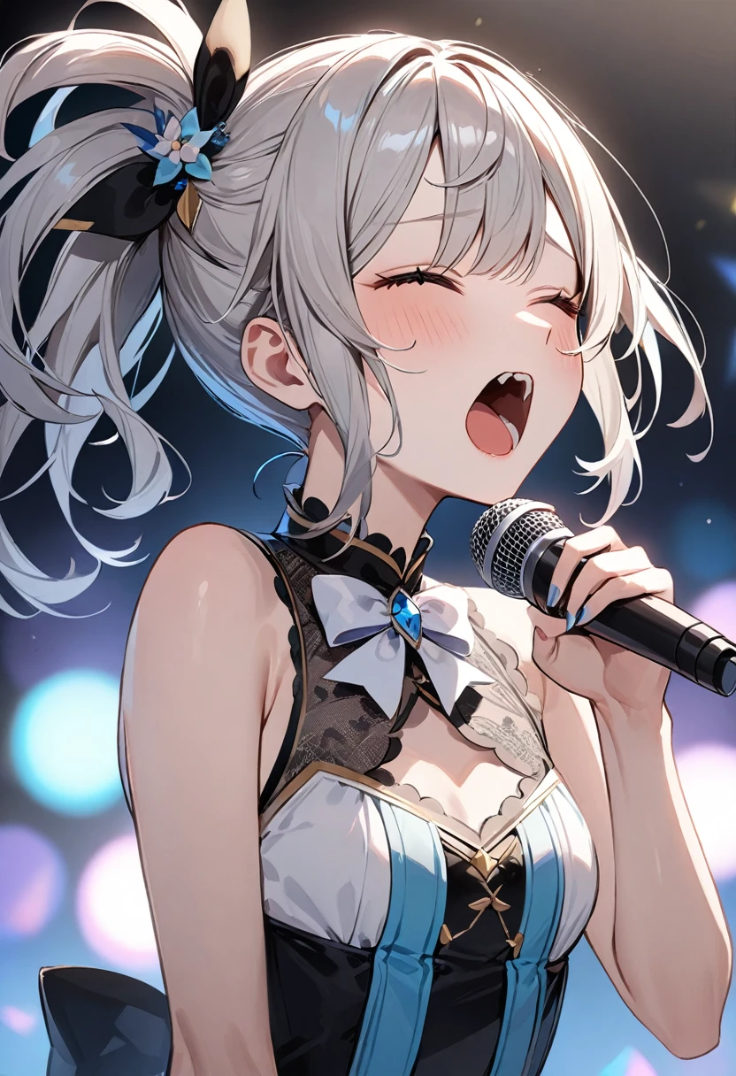 (masterpiece, top quality, very aesthetic, 4k、illustration), intricate detail, 1woman,、solo,contrapposto 、,(upper body)、(Scream),Cute、Look down、Hold the microphone、closed eyes、shout、Random Hairstyle、Random Hair Color、,middle hair,sidelock ,Random Color　eyes、idol clothes、small breasts、Slim 、