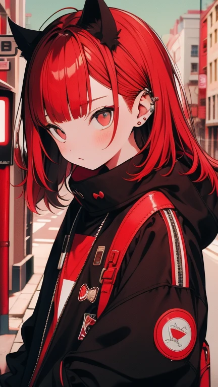 girl, shy, Redhead, Red mix black open short jacket, On the background of the street