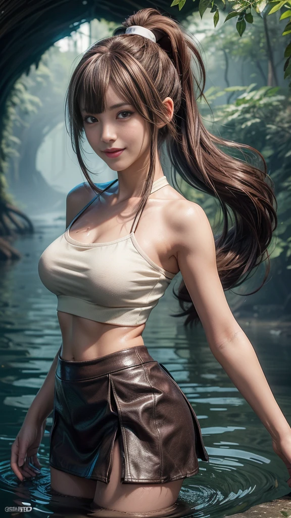 ((masterpiece, highest quality, High resolution, Hmm, Pixel perfect, Depth of written boundary, 4k, RTX, HDR))), 1 Girl, single, alone, Beautiful Anime Girls, Beautiful art style,anime character, ((Long Hair, bangs, brown hair, ponytail:1.5)), (Green Eyes:1.4, Round eyes, Beautiful eyelashes, Realistic eyes), (Detailed face, ), (Smooth texture:0.75, Realistic texture:0.65, Realistic:1.1, Anime CG Style), Medium breast, (Perfect body ,(Black Tube Top), mini skirt, smile, Filmed in a tunnel, Submerged in water