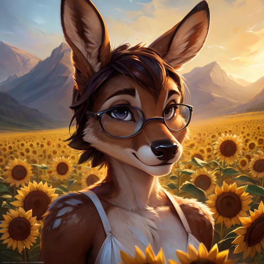 uploaded on e621, artstation, by Pixelsketcher, by Bayard Wu, by Thomas Benjamin Kennington , by Einshelm, by hioshiru and kenket, Chunie, portrait, solo anthro female deer doe, with small featureless breasts, clear dark blue, cinematic lighting, day, sunny day, sunflower field, stands in a high sunflower field, sunflower field background, sunflowers, mediterranean background, horizon background, shiny, chin short curly dark brown hair, wears big black nerd glasses, very very beautiful furry art, furry art, smiling, joyful, shiny, happy, feminine, cute face, muzzle, fluffy chest, flawless face, Fallow deer, 1girl, Sakimichan is beautiful, Masterpiece, Wavethesallow Face, shiny, Detailed image, portrait, Detailed image, portrait, full body, wears pure white and wide spaghetti straps dress, wears headscarf, shiny, realistic face, perfect anatomy, hourglass body, (furry body:1.1), anthropomorphic deer, detailed background, (cute anatomy:1.1)