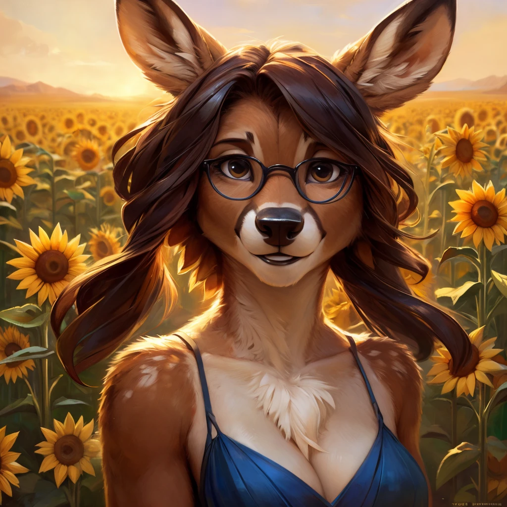 uploaded on e621, artstation, by Pixelsketcher, by Bayard Wu, by Thomas Benjamin Kennington , by Einshelm, by hioshiru and kenket, Chunie, portrait, solo anthro female deer doe, with small featureless breasts, clear dark blue, cinematic lighting, day, sunny day, sunflower field, stands in a high sunflower field, sunflower field background, sunflowers, mediterranean background, horizon background, shiny, chin short curly dark brown hair, wears big black nerd glasses, very very beautiful furry art, furry art, smiling, joyful, shiny, happy, feminine, cute face, muzzle, fluffy chest, flawless face, Fallow deer, 1girl, Sakimichan is beautiful, Masterpiece, Wavethesallow Face, shiny, Detailed image, portrait, Detailed image, portrait, full body, wears pure white and wide spaghetti straps dress, wears headscarf, shiny, realistic face, perfect anatomy, hourglass body, (furry body:1.1), anthropomorphic deer, detailed background, (cute anatomy:1.1)