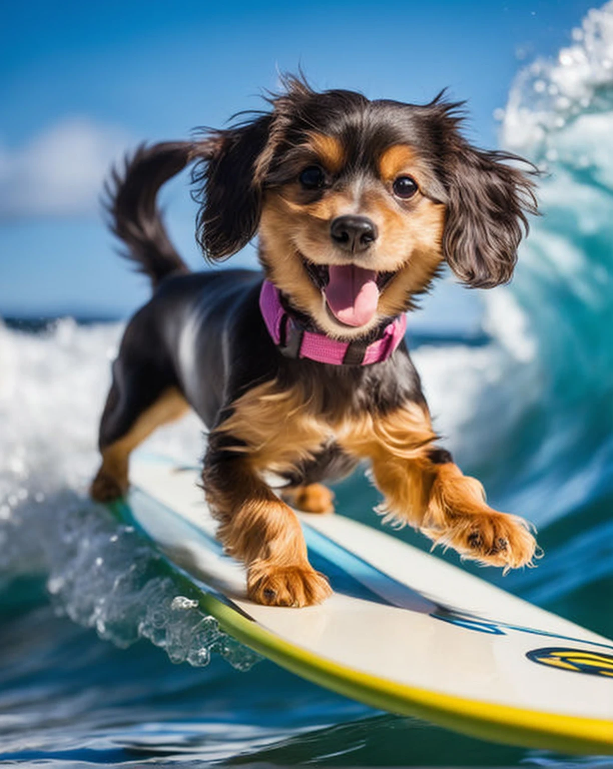 rofessional close up action photo of a cute dog riding a surfboard on top of a wave, a picture, by Matt Cavotta, shutterstock, fine art, cheburashka, action shot, smiling for the camera, furry shot, in an action pose, california, , panning shot, . High quality. Magazine worthy. High contrast and detail., trending on artstation, sharp focus, studio photo, intricate details, highly detailed, by greg rutkowski