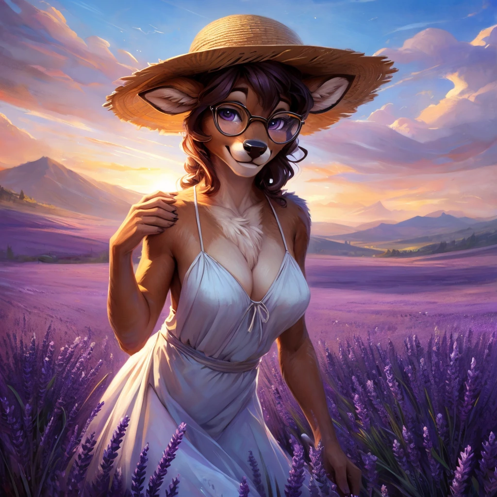 uploaded on e621, artstation, by Pixelsketcher, by Bayard Wu, by Thomas Benjamin Kennington , by Einshelm, by hioshiru and kenket, Chunie, portrait, solo anthro female deer doe, with small featureless breasts, clear dark blue, cinematic lighting, day, sunny day, lavender field, stays in a lavender field, lavender field background, mediterranean background, horizon background, shiny, short curly dark brown hair, wears big black nerd glasses, very very beautiful furry art, furry art, smiling, joyful, shiny, happy, feminine, cute face, muzzle, fluffy chest, flawless face, Fallow deer, 1girl, Sakimichan is beautiful, Masterpiece, Wavethesallow Face, shiny, Detailed image, portrait, Detailed image, portrait, full body, wearing pure white and wide spaghetti straps dress, wearing big and wide beige summer straw hat, shiny, realistic face, perfect anatomy, hourglass body, (furry body:1.1), anthropomorphic deer, looks at the viewer, small fluffy tail, detailed background, (cute anatomy:1.1), walks in a lavender field
