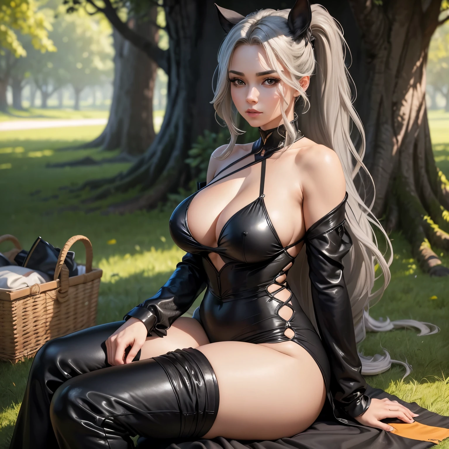 Create a detailed and highly realistic scene depicting a Horse Girl Goddess named Clarissa, appearing around 40 years old. She has long wavy gray hair styled into a ponytail, a small horse nose, and two horse ears. She has horse-like features and a humanoid appearance, with a perfect face that includes a beauty mark and soft skin, featuring light black and dark shades. She has very large breasts and a large butt, wearing an extremely tight black jumpsuit with a deep neckline and revealed shoulders, exuding confidence and allure. Clarissa has a provocative and playful expression on her face. She is sitting on a picnic blanket in a park, exuding a serene yet captivating presence. The background should be lush and green, enhancing her serene yet powerful aura. The entire scene should be in an oil painting style, with an 8k resolution to capture the essence of a masterpiece.