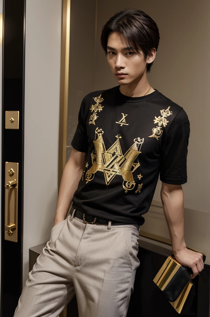 make a shirt design that is a black shirt with a gold luxury design in combination with a charming pattern and make him with a design similar to Louis Vuitton, The clothing model is a skinny white Korean guy