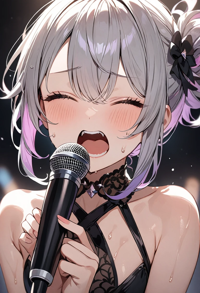 (masterpiece, top quality, very aesthetic, 4k、illustration), intricate detail, 1woman,、solo,contrapposto 、,(upper body)、(Scream),Cute、(Look down)、Hold the microphone、closed eyes、shout、Random Hairstyle、Random Hair Color、,middle hair,sidelock ,Random Color　eyes、idol clothes、small breasts、Slim 、Sweat