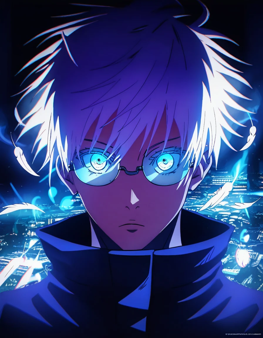 (score_9, score_8_up, score_7_up), zPDXL, 1 boy, alone, looking at viewer, simple warm color background, neon blue eyes, background, short hair, white hair, broken glasses, lenses, neon blue feathers falling, serious look, determination, dark aura, front view, masterpiece, best quality, hyper detailed, cinematic light, intricate detail, high resolution, official art, detailed glow, blue light feathers, portrait, the pupil of the eyes with detailed structures, dark atmosphere, neon blue feathers, diffraction spike, vibrant colors, concept artist, electronic links, falling feather, upper half body, satoru gojo, black outfit, cabe, city night background, red and blue energy, wallpaper, cinematic, 8K high resolution, bright light lighting, lens flare, sharpness, masterpiece, top quality, ultra-high definition, high resolution, extremely CG details, film portrait photography, masterpiece, hyper detail, light attack, blue and red  They give purple, infinity, throw light, energy attack,