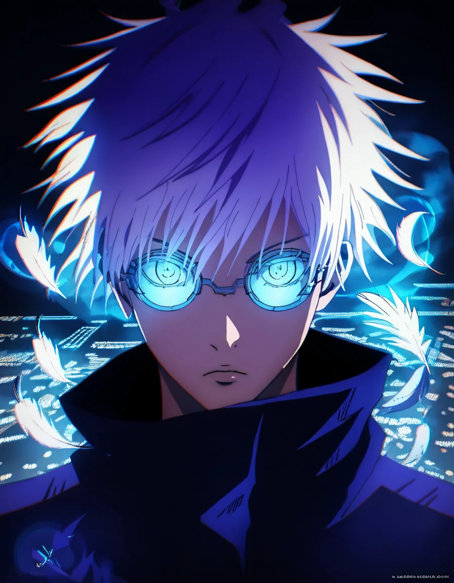 (score_9, score_8_up, score_7_up), zPDXL, 1 boy, alone, looking at viewer, simple warm color background, neon blue eyes, background, short hair, white hair, broken glasses, lenses, neon blue feathers falling, serious look, determination, dark aura, front view, masterpiece, best quality, hyper detailed, cinematic light, intricate detail, high resolution, official art, detailed glow, blue light feathers, portrait, the pupil of the eyes with detailed structures, dark atmosphere, neon blue feathers, diffraction spike, vibrant colors, concept artist, electronic links, falling feather, upper half body, satoru gojo, black outfit, cabe, city night background, red and blue energy, wallpaper, cinematic, 8K high resolution, bright light lighting, lens flare, sharpness, masterpiece, top quality, ultra-high definition, high resolution, extremely CG details, film portrait photography, masterpiece, hyper detail, light attack, blue and red  They give purple, infinity, throw light, energy attack,