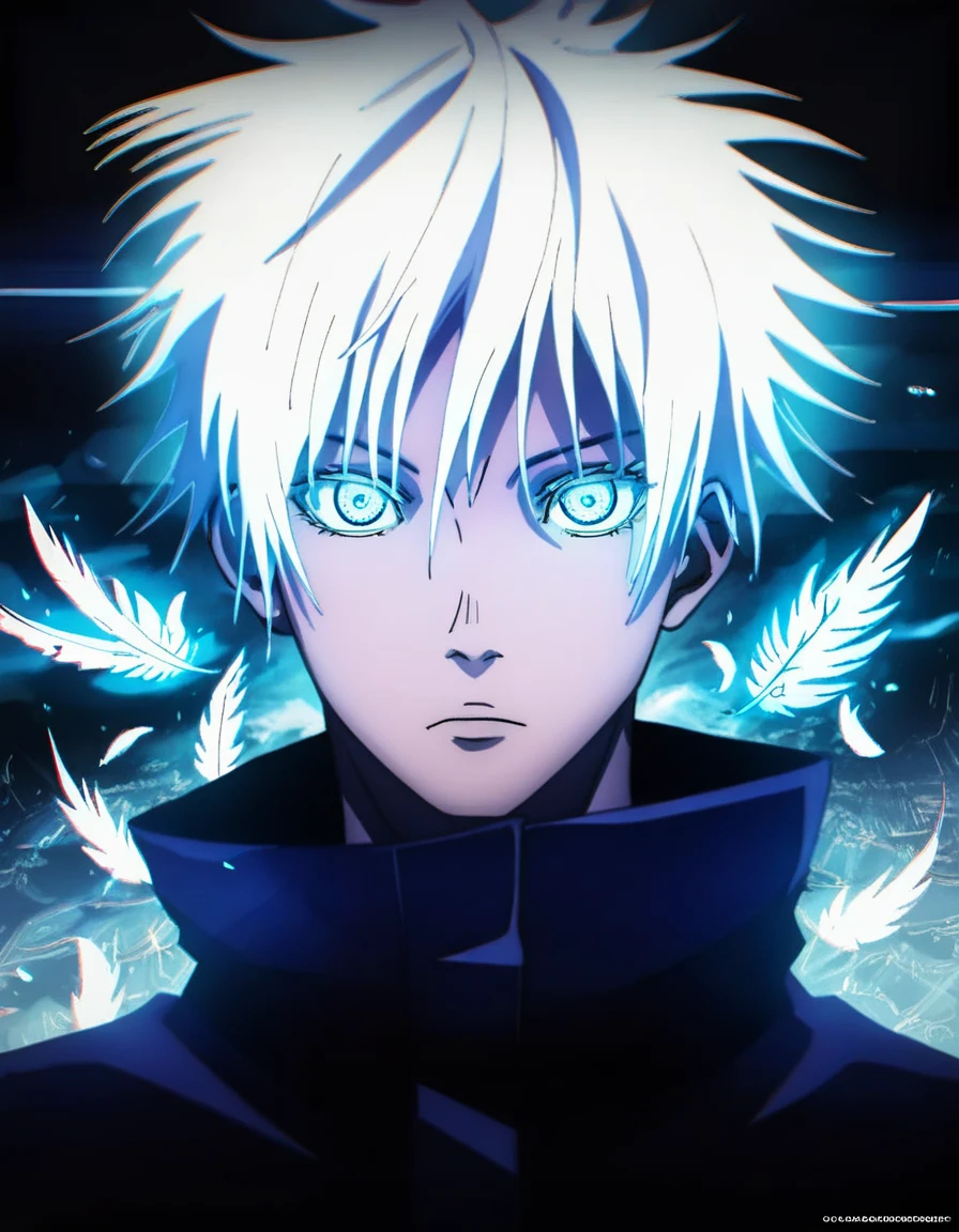 (score_9, score_8_up, score_7_up), zPDXL, 1 boy, alone, looking at viewer, simple warm color background, neon blue eyes, background, short hair, white hair, broken glasses, lenses, neon blue feathers falling, serious look, determination, dark aura, front view, masterpiece, best quality, hyper detailed, cinematic light, intricate detail, high resolution, official art, detailed glow, blue light feathers, portrait, the pupil of the eyes with detailed structures, dark atmosphere, neon blue feathers, diffraction spike, vibrant colors, concept artist, electronic links, falling feather, upper half body, satoru gojo, black outfit, cabe, city night background, red and blue energy, wallpaper, cinematic, 8K high resolution, bright light lighting, lens flare, sharpness, masterpiece, top quality, ultra-high definition, high resolution, extremely CG details, film portrait photography, masterpiece, hyper detail, light attack, blue and red  They give purple, infinity, throw light, energy attack,