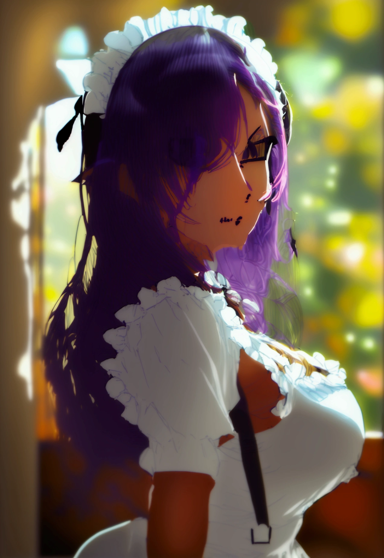 (isade), (1 girl),(Retroto solo),(slender body),(structured body),(thin body), Retro solo),(slender body),(structured body),(thin body),(Dark Skin Color:1.5(Girl1 Loli: 1.5), (small body like a is 120 centimeters), (loli appearance: 1.5), (pretty: 1.5), (super hot: 1.5), (dark skin: 2.0), (long dark purple hair and dark purple eyes), (And super gigantic breasts: 1.5), (Height 1.20), (beautiful young woman), (super beautiful 18 year old teenager), (wearing), +, (\dressed as a maid, and maid clothes and super revealing on the back, I lowered the short skirt a lot, showing my legs, and a little of my panties, and the apron part at the back of the skirt is very low, showing her delicious buttocks, and over the maid uniform it looks like a very short and sensual bra, and she has a big ass and super big breasts, she is super busty and has very big buttocks)/