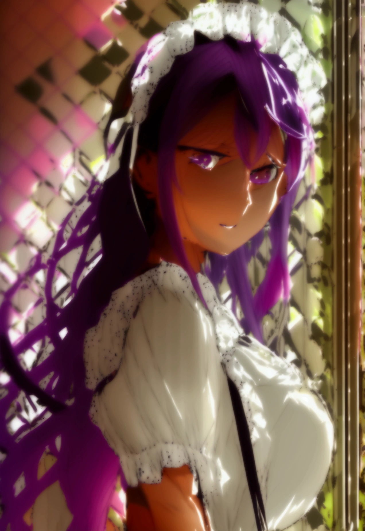 (isade), (1 girl),(Retroto solo),(slender body),(structured body),(thin body), Retro solo),(slender body),(structured body),(thin body),(Dark Skin Color:1.5(Girl1 Loli: 1.5), (small body like a is 120 centimeters), (loli appearance: 1.5), (pretty: 1.5), (super hot: 1.5), (dark skin: 2.0), (long dark purple hair and dark purple eyes), (And super gigantic breasts: 1.5), (Height 1.20), (beautiful young woman), (super beautiful 18 year old teenager), (wearing), +, (\dressed as a maid, and maid clothes and super revealing on the back, I lowered the short skirt a lot, showing my legs, and a little of my panties, and the apron part at the back of the skirt is very low, showing her delicious buttocks, and over the maid uniform it looks like a very short and sensual bra, and she has a big ass and super big breasts, she is super busty and has very big buttocks)/